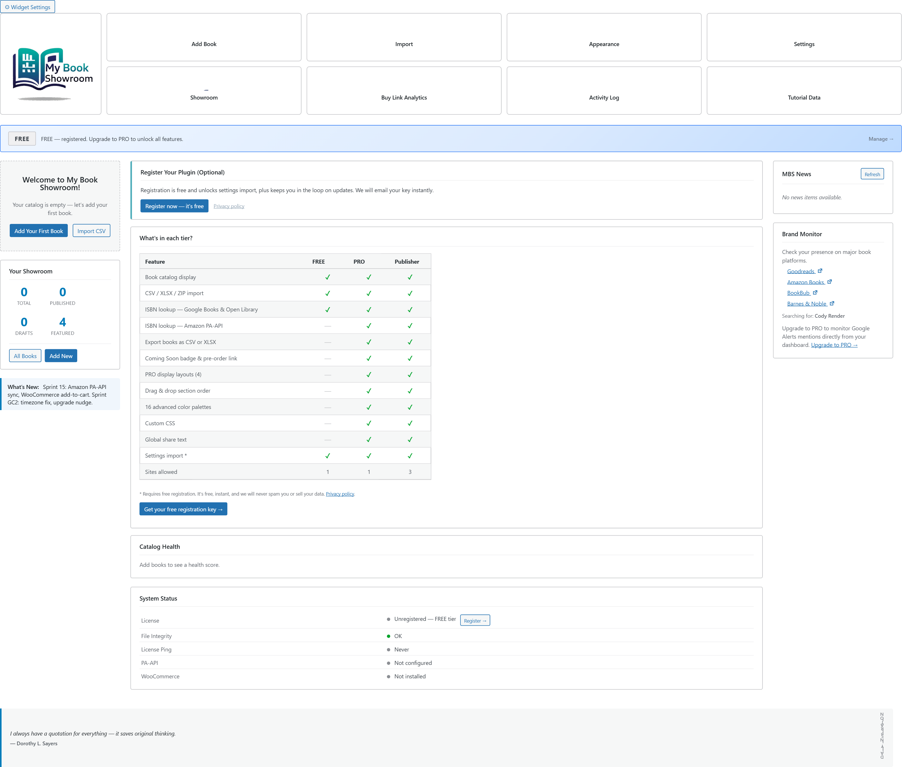 Full MBS dashboard after tutorial catalog install — stats, health score, and system status all populated