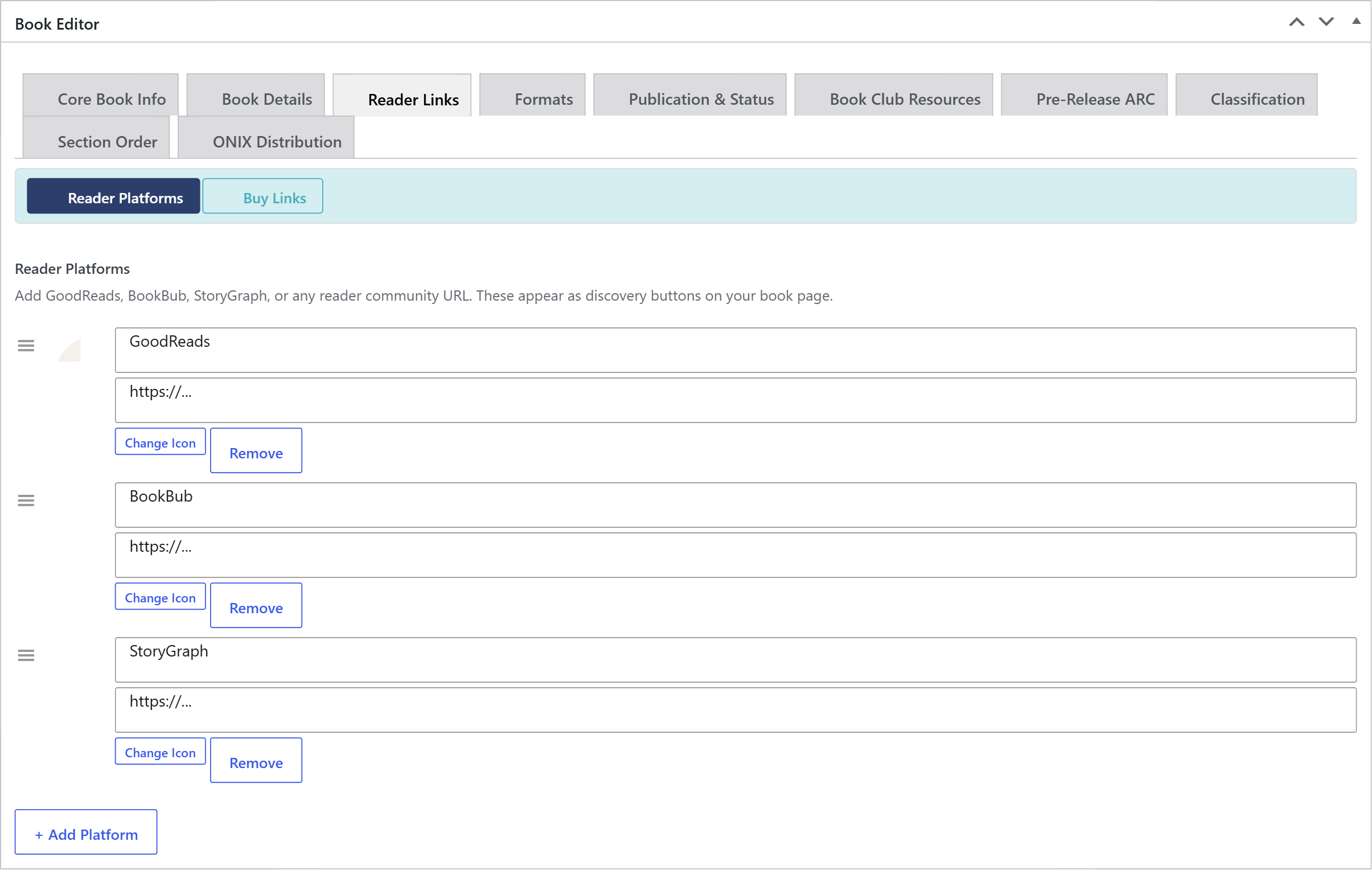Add Platform button adding a new custom reader-platform row