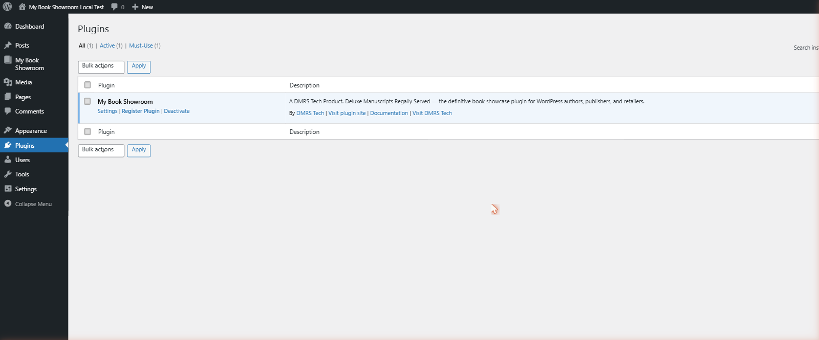 Plugins page after activation — Settings, Register Plugin, and Deactivate links visible